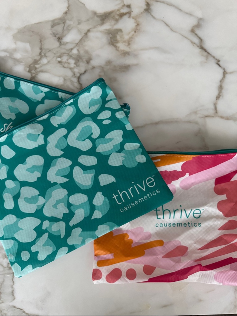 Thrive Causemetics Set of 3 Teal Leopard & Pink Orange Watercolor Pouches